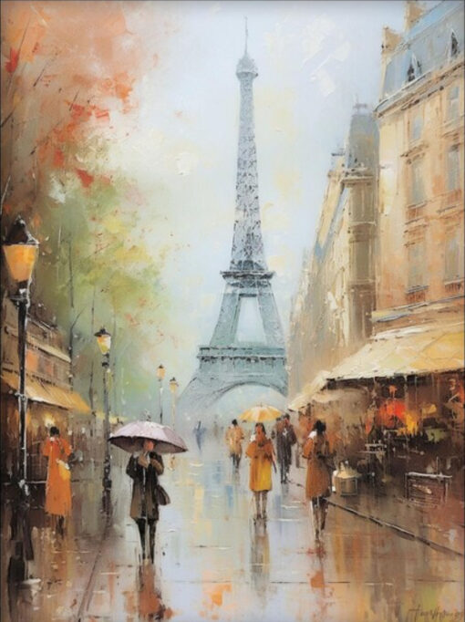 Dafen Village Studio’s 100% Hand – Crafted Textured Abstract Painting of Eiffel Tower and People in the Rain – Perfect Wall Decoration for Modern Living Rooms