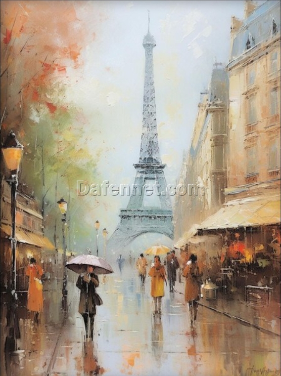 Dafen Village Studio’s 100% Hand – Crafted Textured Abstract Painting of Eiffel Tower and People in the Rain – Perfect Wall Decoration for Modern Living Rooms