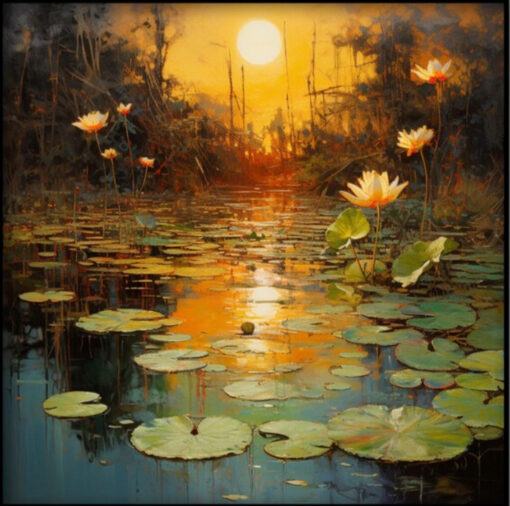 Unique 100% Handmade Oil Artwork: Abstract Rendering of Lotus in the Lake under Sunset with Texture – Ideal Wall Decoration for Contemporary Living Spaces