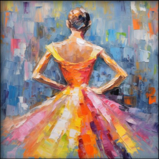 100% Handmade Textured Abstract Oil Painting: An Elegant Ballerina in a Vivid Colorful Dress – Ideal Wall Art for Modern Living Rooms