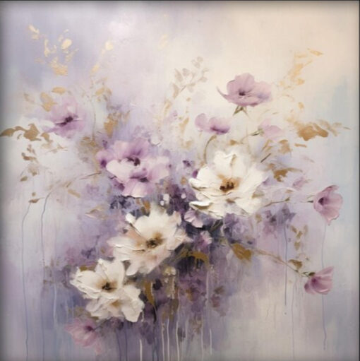 100% Handmade Textured Abstract Oil Painting: Enchanting White & Purple Flower Bouquet – Premier Wall Art for Modern Living Rooms