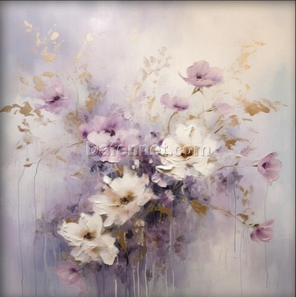 100% Handmade Textured Abstract Oil Painting: Enchanting White & Purple Flower Bouquet – Premier Wall Art for Modern Living Rooms