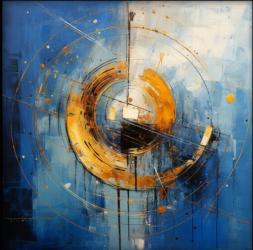 100% Peinture à l'huile abstraite texturée peinte à la main : Formes géométriques bleu et or avec des accents noirs - Art mural idéal pour les salles de séjour modernes
