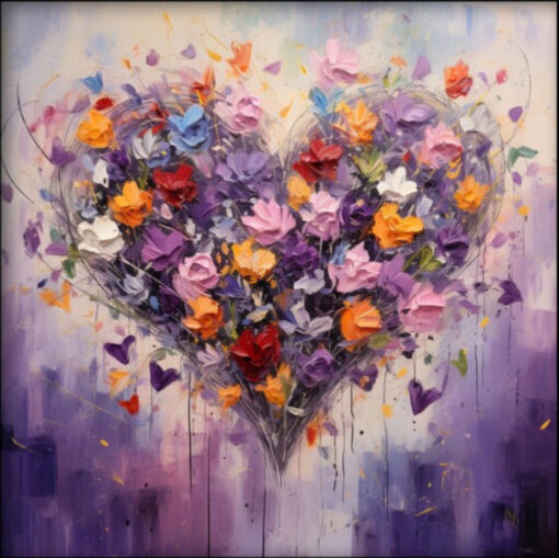 100% Hand – Painted Textured Abstract Oil Painting of Colorful Heart – Shaped Flowers by Dafen Village Studio – Ideal Wall Art for Modern Living Rooms & Hotel Decor