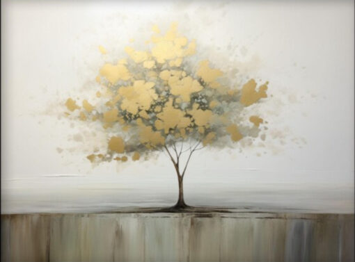 Unique 100% Handmade Oil Artwork: Abstract Rendering of the Eternal Golden Tree of Life with Texture – Ideal Wall Decoration for Contemporary Living Spaces