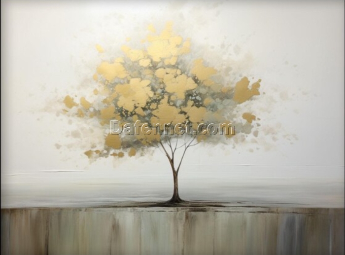 Unique 100% Handmade Oil Artwork: Abstract Rendering of the Eternal Golden Tree of Life with Texture – Ideal Wall Decoration for Contemporary Living Spaces