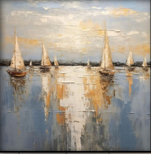 100% Hand – Painted Textured Abstract Oil Painting: Sailing Boats in the Sea, Ocean and Sky – A Captivating Wall Art for Modern Living Rooms