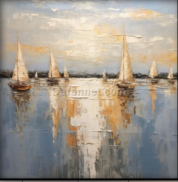 100% Hand – Painted Textured Abstract Oil Painting: Sailing Boats in the Sea, Ocean and Sky – A Captivating Wall Art for Modern Living Rooms
