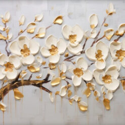 Unique 100% Handmade Oil Artwork: Abstract Branches with White and Golden Flowers in Texture - Perfect Wall Decoration for Contemporary Living Spaces