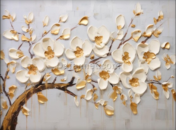 Unique 100% Handmade Oil Artwork: Abstract Branches with White and Golden Flowers in Texture – Perfect Wall Decoration for Contemporary Living Spaces