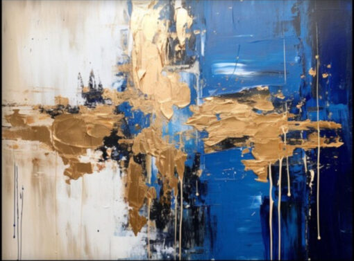 Dafen Village Studio’s 100% Hand – Crafted Textured Abstract Painting of Beige, Blue, Black and Gold Tones – Perfect for Modern Living Room Wall Enhancement