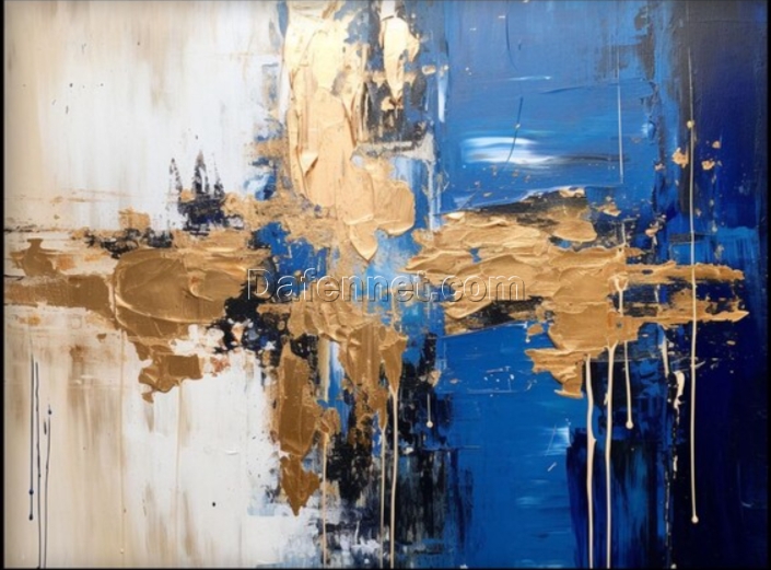 Dafen Village Studio’s 100% Hand – Crafted Textured Abstract Painting of Beige, Blue, Black and Gold Tones – Perfect for Modern Living Room Wall Enhancement