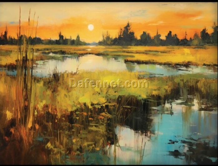 Dafen Village Studio’s 100% Hand – Painted Textured Abstract Oil Painting: Sunset over the Lake with Warm Tones – Ideal Wall Art for Modern Living Rooms & Hotels