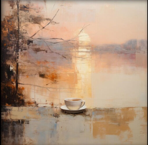 Dafen Village Studio’s Custom 100% Hand-Painted Textured Abstract Oil Painting: Coffee by Sunset Scenes for Modern Living Rooms and Hotel Lobbies