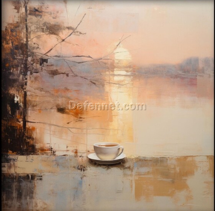 Dafen Village Studio’s Custom 100% Hand-Painted Textured Abstract Oil Painting: Coffee by Sunset Scenes for Modern Living Rooms and Hotel Lobbies