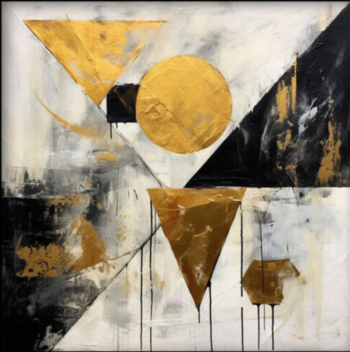 Dafen Village Studio’s Custom 100% Hand – Painted Textured Abstract Oil Painting: Black, White and Gold Geometric Patterns for Modern Living Rooms