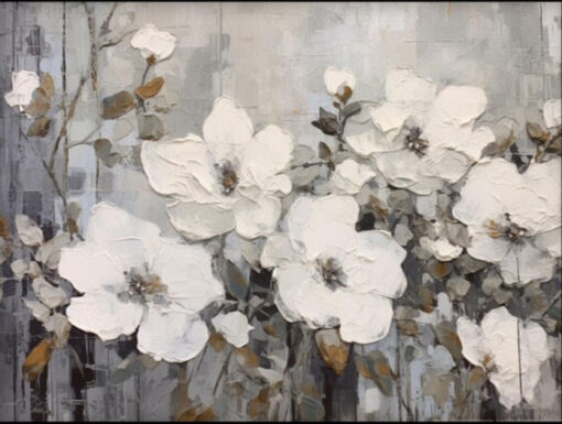 Dafen Village Studio’s Custom 100% Hand – Painted Textured Abstract Oil Painting: Free – Standing White Flowers in Gray and White Tones for Modern Living Rooms
