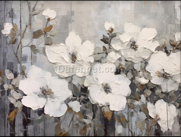 Dafen Village Studio’s Custom 100% Hand – Painted Textured Abstract Oil Painting: Free – Standing White Flowers in Gray and White Tones for Modern Living Rooms