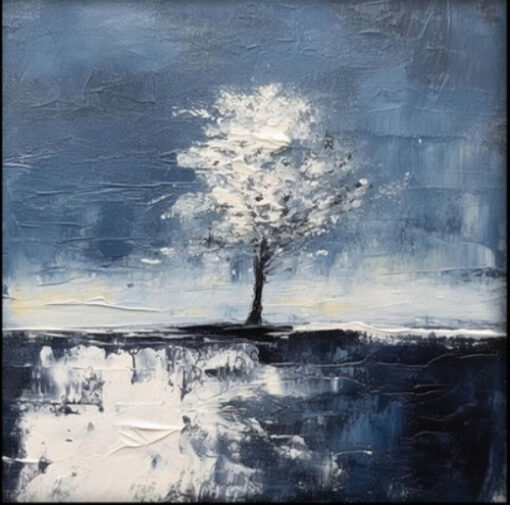 Exclusive 100% Handmade Abstract Oil Artwork by Dafen Village: The Solitary White Tree in Shaded Blues with Rich Texture – Ideal Wall Decor for Contemporary Homes
