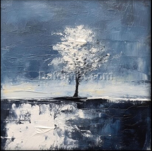 Exclusive 100% Handmade Abstract Oil Artwork by Dafen Village: The Solitary White Tree in Shaded Blues with Rich Texture – Ideal Wall Decor for Contemporary Homes
