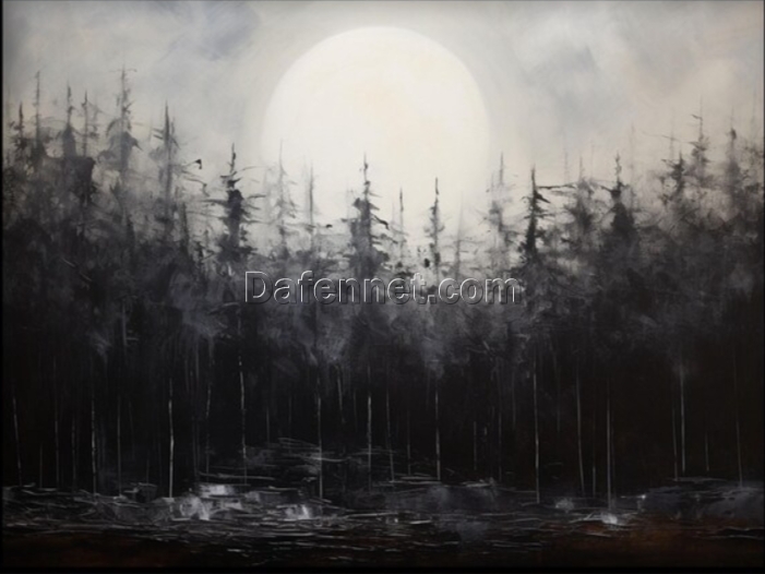 Dafen Village Studio’s Custom 100% Hand – Painted Textured Abstract Oil Painting: Sunlight Rising in a Foggy Forest with Black Hues for Modern Living Rooms