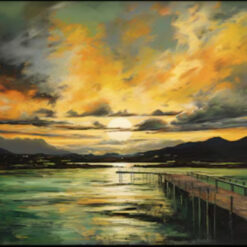 Tailored 100% Hand - Crafted Dafen Village Oil Painting: Abstract Depiction of a Seascape under a Green - and - Golden Sunset - Perfect Wall Art for Modern Living Spaces
