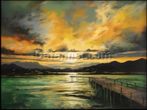Tailored 100% Hand – Crafted Dafen Village Oil Painting: Abstract Depiction of a Seascape under a Green – and – Golden Sunset – Perfect Wall Art for Modern Living Spaces
