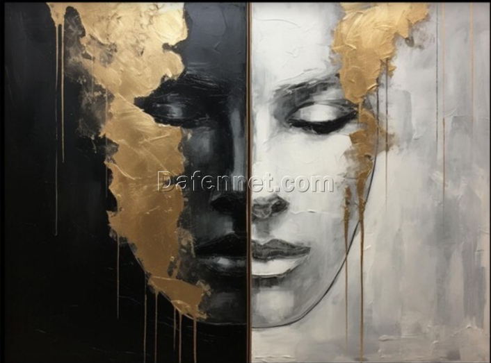 Tailored 100% Hand – Crafted Dafen Village Oil Painting: Abstract Depiction of a Woman’s Face in Black, Gray and Golden Accents – Perfect Wall Art for Modern Living Spaces