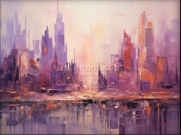 Dafen Village Studio’s Custom 100% Hand – Painted Textured Abstract Oil Painting: Purple Skyscrapers and Cityscape for Modern Living Rooms