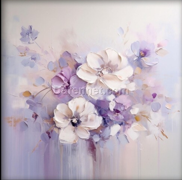 Dafen Village Studio’s Custom 100% Hand – Painted Textured Abstract Oil Painting: White and Purple Flowers for Modern Living Rooms
