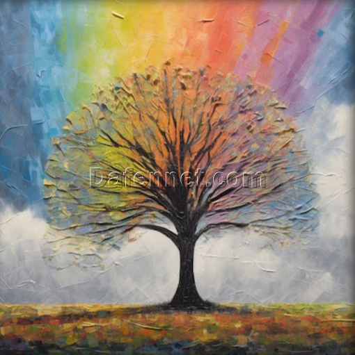 Tailored 100% Hand – Crafted Dafen Village Oil Painting: Abstract Depiction of Colorful Tree of Life and Rainbow – Perfect Wall Art for Modern Living Spaces