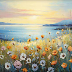 Dafen Village Studio’s Custom 100% Hand - Painted Textured Abstract Oil Painting: Colorful Wildflowers by the Sea During Sunset for Modern Living Rooms
