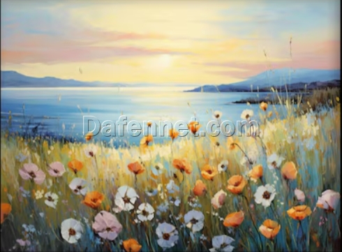 Dafen Village Studio’s Custom 100% Hand – Painted Textured Abstract Oil Painting: Colorful Wildflowers by the Sea During Sunset for Modern Living Rooms