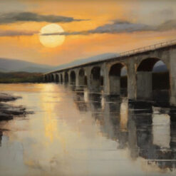 Dafen Village Studio’s Custom 100% Hand - Painted Textured Abstract Oil Painting: Sunset over Stone Bridge and River for Modern Living Rooms