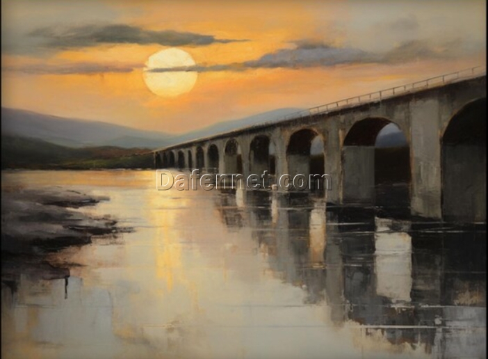 Dafen Village Studio’s Custom 100% Hand – Painted Textured Abstract Oil Painting: Sunset over Stone Bridge and River for Modern Living Rooms