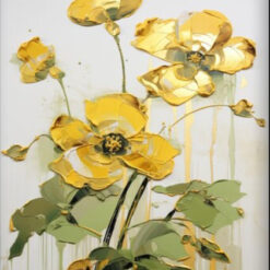 Exclusive 100% Handmade Textured Abstract Oil Artwork by Dafen Village: Golden - Hued Blooming Flowers with Abstract Texture - Ideal Wall Decor for Contemporary Living Rooms