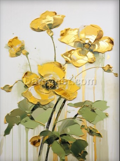 Exclusive 100% Handmade Textured Abstract Oil Artwork by Dafen Village: Golden – Hued Blooming Flowers with Abstract Texture – Ideal Wall Decor for Contemporary Living Rooms