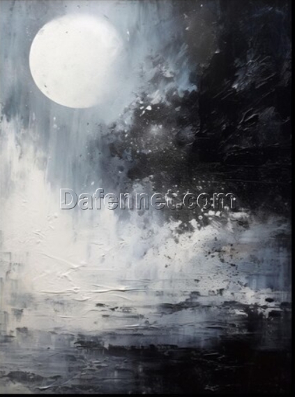 Dafen Village Studio’s Custom 100% Hand – Painted Textured Abstract Oil Painting: Full Moon Illuminating the Night for Modern Living Rooms