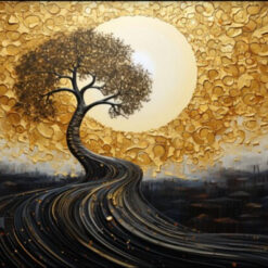 Dafen Village Studio’s Custom 100% Hand - Painted Textured Abstract Oil Painting: Tree of Life under the Golden Full Moon for Modern Living Rooms