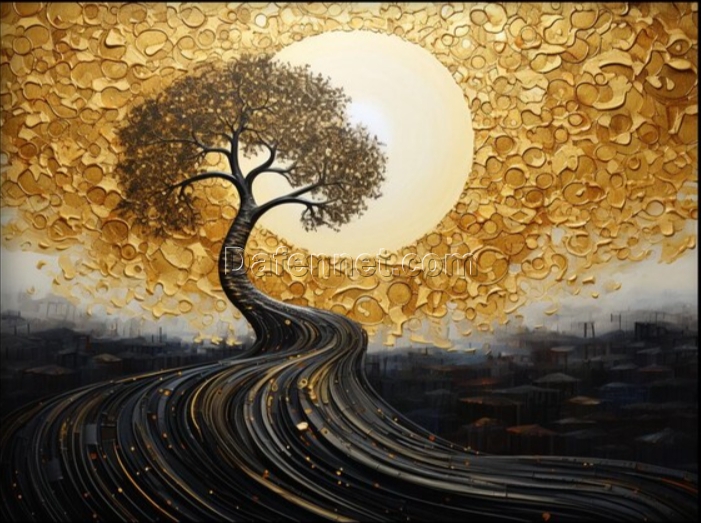 Dafen Village Studio’s Custom 100% Hand – Painted Textured Abstract Oil Painting: Tree of Life under the Golden Full Moon for Modern Living Rooms