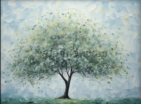 Dafen Village Studio’s Custom 100% Hand – Painted Textured Abstract Oil Painting: Green – Leaf Tree in Blue, White and Green for Modern Living Rooms
