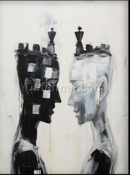 Exclusive 100% Handmade Textured Abstract Oil Artwork by Dafen Village: Black and White Portrait of Two People Ideal for Contemporary Home Interior