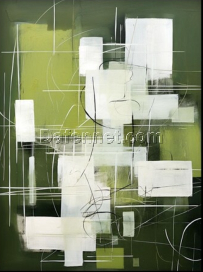 Exclusively Handmade by Dafen Village: Green – Centric Textured Abstract Oil Painting with White Accents for Contemporary Home Wall Decor