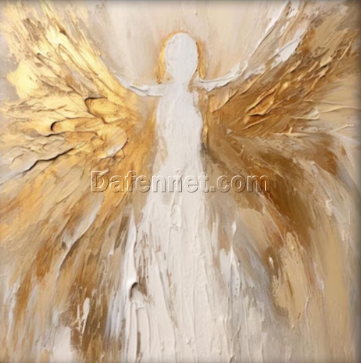 Dafen Village Studio Custom 100% Hand – Painted Textured Abstract Oil Painting: Golden – Winged Angels in Beige Tones for Modern Living Rooms and Hotel Lobbies