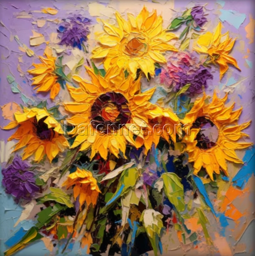 Custom 100% Handmade Oil Painting: Sunflower Bouquet in Vase, Abstract Texture Wall Decor for Living Rooms