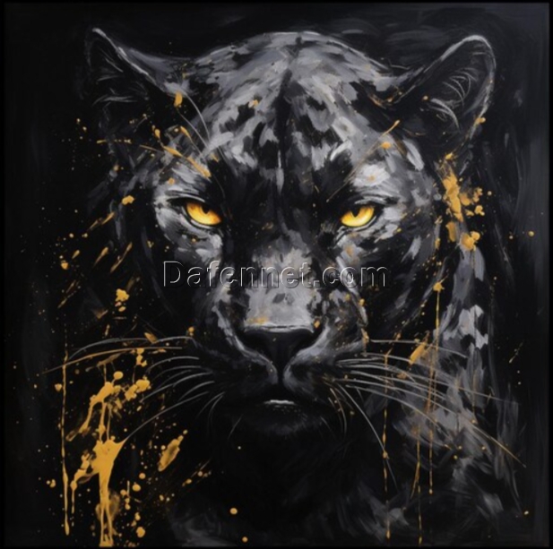 100% Hand – Painted Black Panther Animal Portrait Oil Painting: Textured Abstract Decoration for Modern Living Rooms