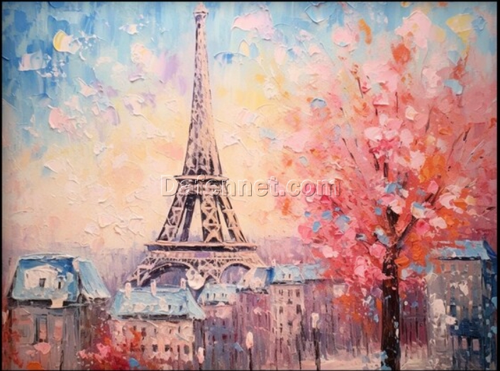 Dafen Village Studios’ Tailor – Made Pink Parisian Eiffel Tower Scene | 100% Handcrafted Oil Painting | Perfect Wall Decoration for Homes and Hotels