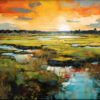 Hand - Painted Modern Sunset - on - Lake Landscape with Textured Design: Custom Oil Art from Dafen Village for Contemporary Homes