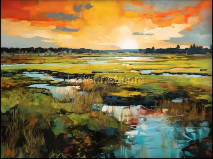 Hand – Painted Modern Sunset – on – Lake Landscape with Textured Design: Custom Oil Art from Dafen Village for Contemporary Homes