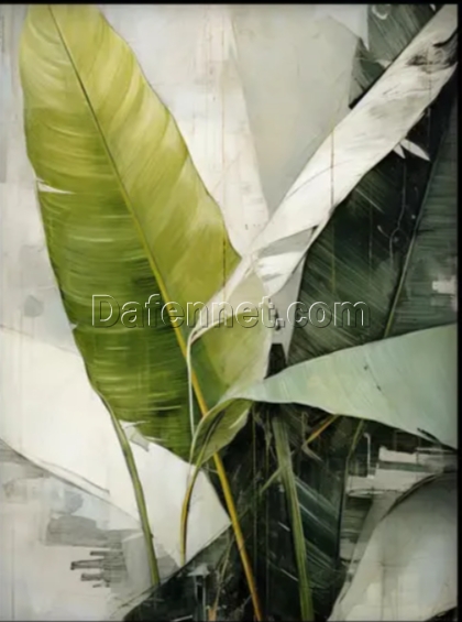 Dafen Village Studios’ Tailor – Made Tropical Banana Leaf Artwork: 100% Handcrafted Textured Abstract Oil Painting for Rustic Interiors